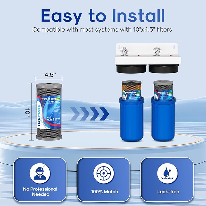 ICEPURE 2-Stage 10" x 4.5" Whole House Water Filter Set, 5 Micron KDF and Upgraded Coconut Shell Activated Carbon Lead Removal Filter Cartridges Replacement for 10 Inch Water Filter System, Pack of 1