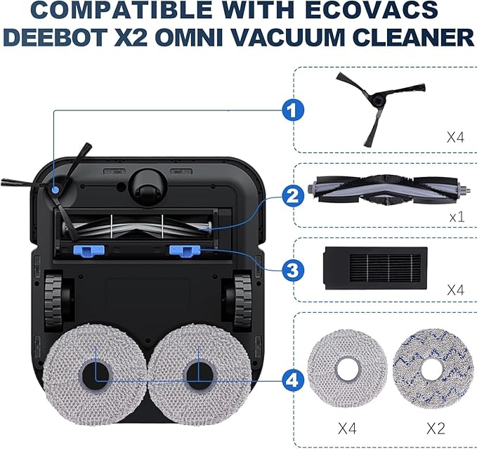 Replacement Accessories Set for Ecovacs Deebot X2 Omni / X2 / X2 Pro / DEX86 Robot Vacuums, 1 Main Brush, 6 Side Brushes, 4 Filter, 6 Mop Pads, 6 Dust Bag, 1 Brush