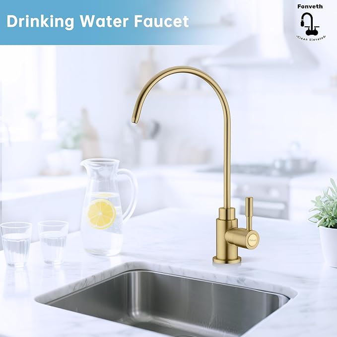 Drinking Water Faucet, Reverse Osmosis Brushed Gold Single Handle Solid Brass Kitchen Bar Sink Drinking Water Faucet Filtration Non-Air Gap Non-Air Gap