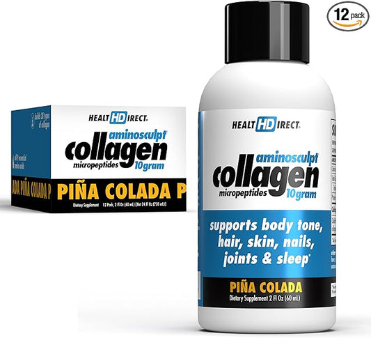 HEALTH DIRECT – Medical-Grade Liquid Collagen Shots – AminoSculpt Sugar-Free – Piña Colada – 12 Servings, (12pk, 2oz Shots) – Good for Joints, Bones, & Sleep – Better Hair, Skin & Nails