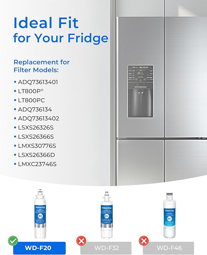 Waterdrop ADQ73613401 Replacement for LG® LT800P®, ADQ73613402, ADQ73613408, ADQ75795104, Kenmore 9490, LSXS26326S, LMXC23746S, LSXS26366S, Refrigerator Water Filter, WD-F20 (Package May Vary)