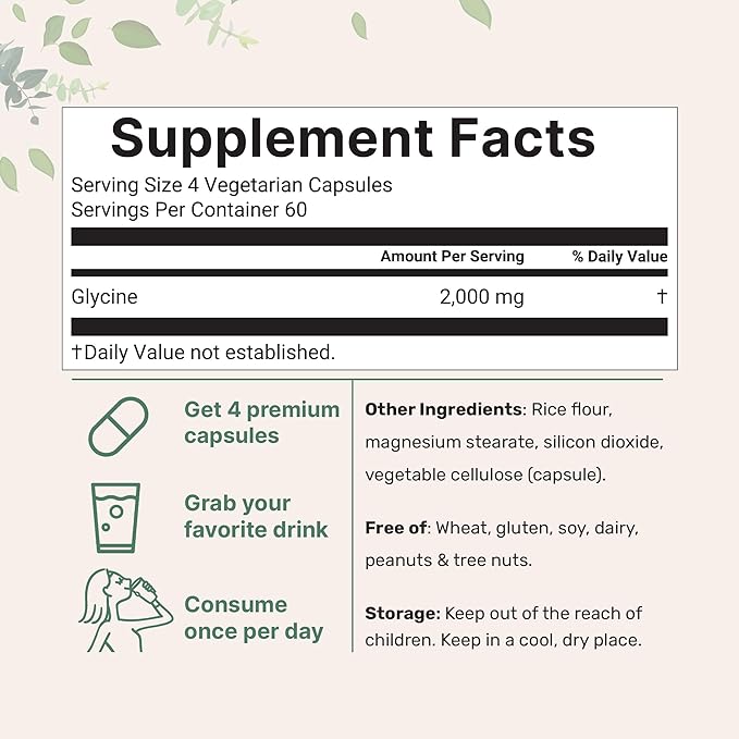 Micro Ingredients Glycine 2,000mg Per Serving, 240 Veggie Capsules | Free Form | Double Strength Amino Acids | Restful Sleep and Neurotransmitter Support Supplements | Non-GMO, Gluten Free