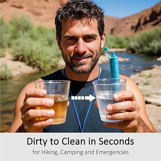 Detachable Straw Water Filter - Backwashable, Portable Water Filter for Camping, Hiking, Survival & Emergencies, Built-in Compass, 2-Pack