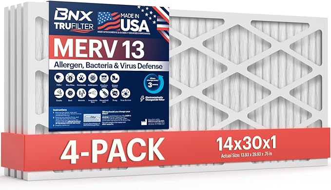 BNX TruFilter 14x30x1 Air Filter MERV 13 (4-Pack) - MADE IN USA - Electrostatic Pleated Air Conditioner HVAC AC Furnace Filters for Allergies, Pollen, Mold, Bacteria, Smoke, Allergen, MPR 1900 FPR 10
