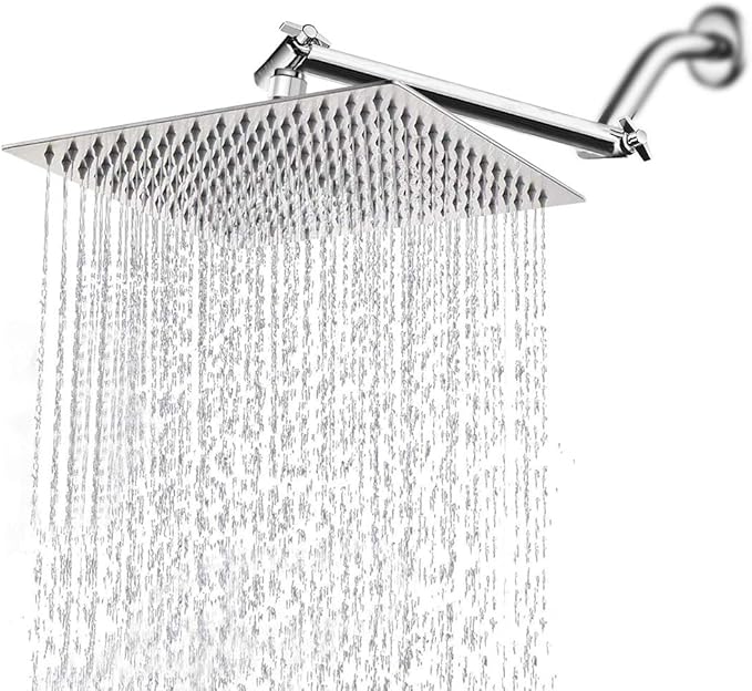 HarJue High Pressure Large Stainless Steel Square Rain ShowerHead With Shower Arm Waterfall Full Body Coverage Easy to Clean and Install (12 Inch With Arm, Chrome Finish)