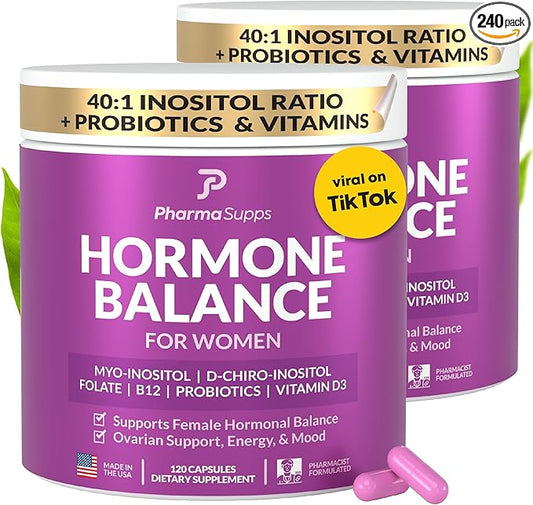 Hormone Balance for Women, Ovarian Support, Fertility, Menstrual Cycle, PCOS | Myo-Inositol & D-Chiro Inositol Supplement 40:1 Ratio w/Folic Acid for Hormonal Balance, B12 & Probiotics - 240 Count