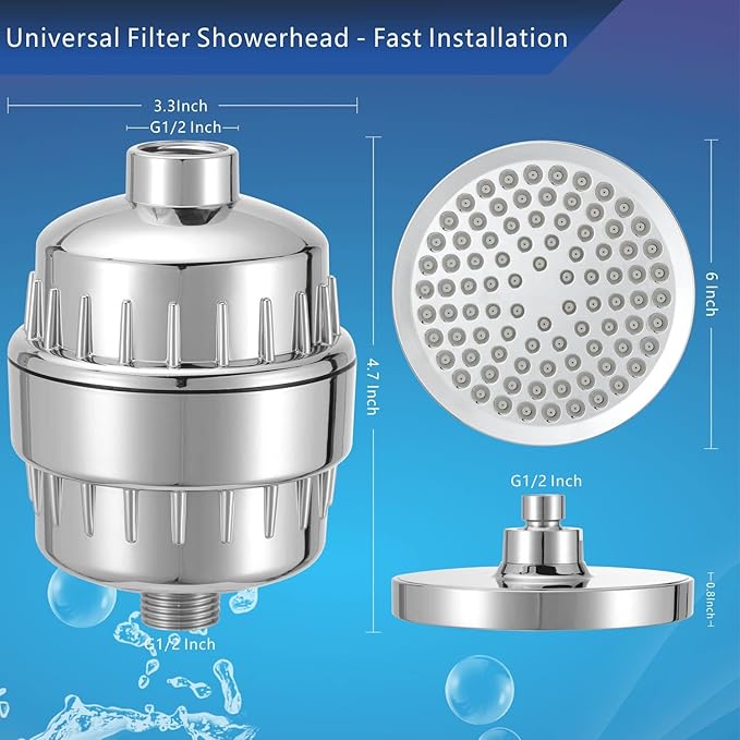 High Pressure Filtered Shower Head Set, 6’’ Rain Shower Filter for Hard Water, Universal Round Showerhead 20 Stage Filtration Removes Impurities for Rejuvenated Skin by Eolax, Chrome