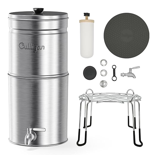 Culligan with MaxClear Technology 2.25 Gallon Gravity Water Filter System, Brushed Countertop Ceramic Water Filter NSF/ANSI Certified to Reduce Lead, Microplastics & Total PFAS, with 4 Filters