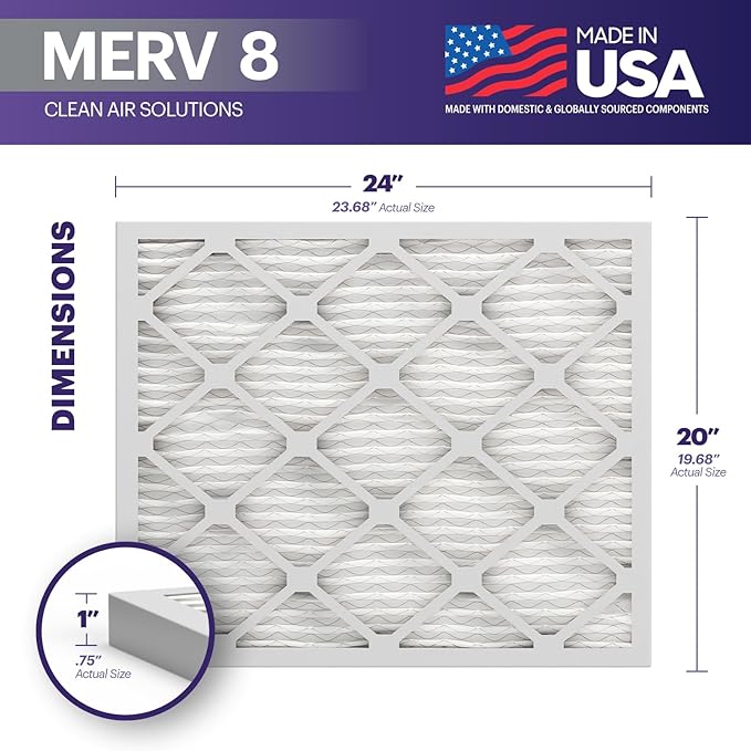 BNX TruFilter 20x24x1 Air Filter MERV 8 (12-Pack) - MADE IN USA – Dust & Pet Defense Electrostatic Pleated Air Conditioner HVAC AC Furnace Filters for Dust, Pet, Mold, Pollen MPR 600 – 700 & FPR 5