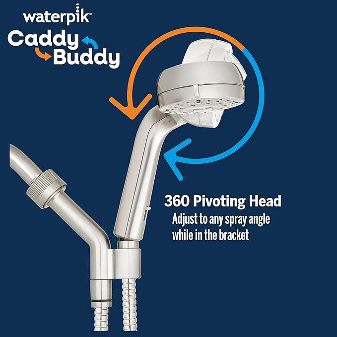 Waterpik Caddy Buddy Pivoting Hand Held Shower Head With 5-Foot Hose, 5-Mode with High Pressure Sprays, Brushed Nickel, PHO-559ME