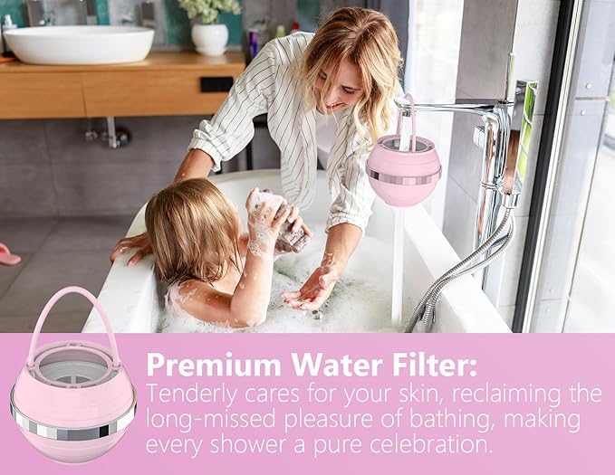 Bathtub Water Filter for Tub with Overflow,2,500 Gallons of Filtration,8 Stages Bath Filter,Remove contaminants,Chlorineand Fluoride,Hardwater Softener,BPA Free(Upgrade Version),Pink