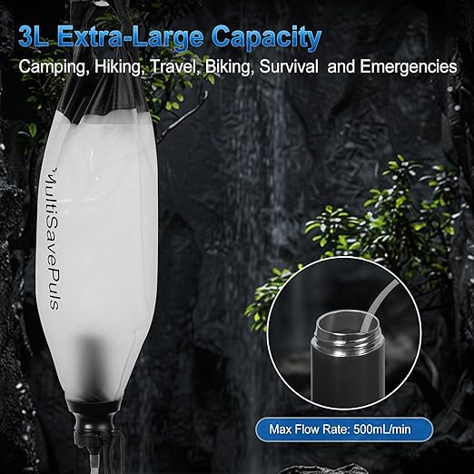 Gravity Water Filter Straw, Camping Water Filtration System with Purifier, Water Purifier Survival for Travel,Camping,Hiking and Emergency Survival Kit,No Expiration Date,Reusable,3L,White