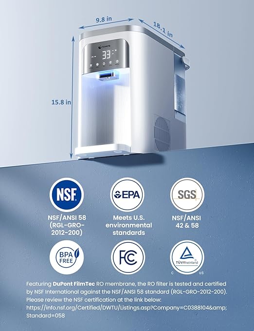 NOVETE Reverse Osmosis Water Filter Countertop, UV Cold Water Down to 32℉, NSF/ANSI 42/58 Certified, 4:1 Pure to Drain, No Installation Needed, 8-Stage RO Water Filtration System, CRF0A-QS, White