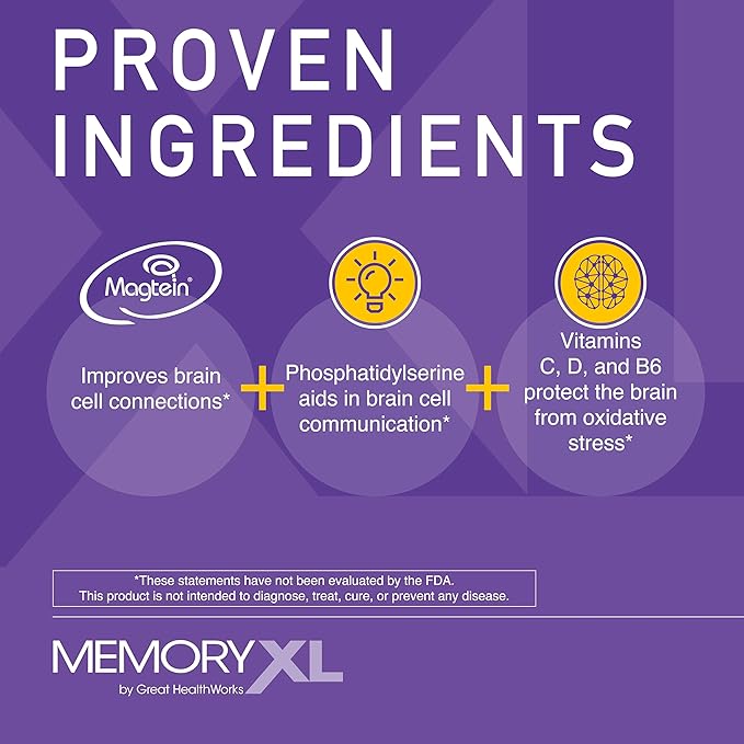 MemoryXL, Magnesium L-Threonate: Brain Supplement for Memory & Focus; Magtein®, Phosphatidylserine, Vitamin Mix. Improves Memory Focus Attention Learning & Logic. 0 Sugar, 0 Cal, 30pk Cranberry Lemon