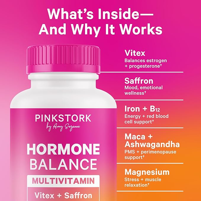 Pink Stork Hormone Balance Multivitamin - 18-in-1 Daily Vitamin with Adrenal and Cortisol Support - Mood, Stress, Energy Support - Perimenopause, PMS and Period Relief - Vitex + B-Complex + Saffron