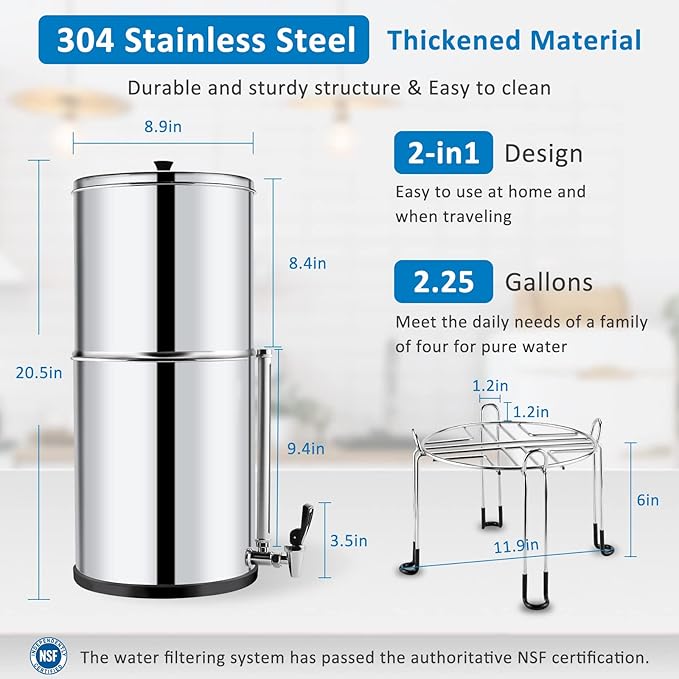 2.25 Gallon Stainless Steel Gravity-fed Water Filter System with Black Activated Carbon Filter and Fluoride Filters for Home, Camping, Travel, Outdoor Adventures and Emergencies - 2 Year Warranty