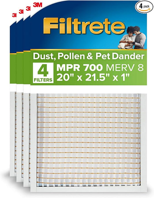 Filtrete 20x21.5x1 AC Furnace Air Filter, MERV 8, MPR 700, Tough on Pollen, Easy on Airflow, 3-Month Pleated 1-Inch Electrostatic Air Cleaning Filter, 4-Pack (Actual Size 19.69 x 21.19 x 0.81 in)