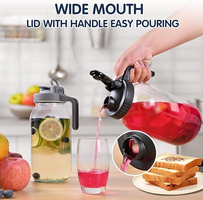 Glass Pitchers with Lid, Set of 2, Wide Mouth Water Jugs 64OZ Leak-Proof Airtight Mason Jars for Cold Brew Coffee, Iced tea, Milk, Food Storage, Sun Tea Jar., Black