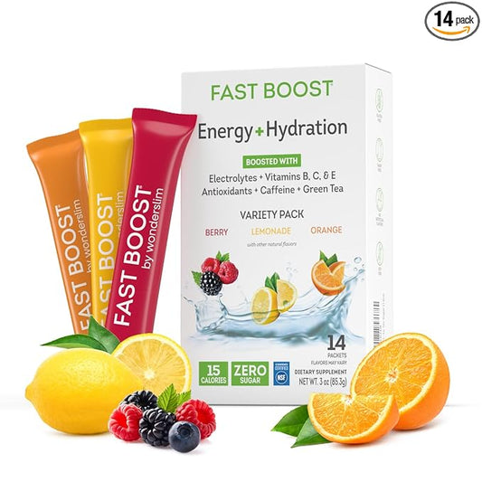FAST BOOST Energy & Hydration Drink Mix - Variety Pack | Sugar Free Electrolyte Powder Packets with Antioxidants, Green Tea Extract, B Vitamins, Vitamin C & E | 14 Stick Packs