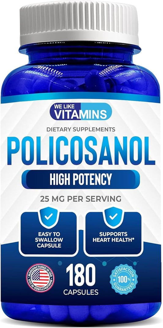 We Like Vitamins Policosanol 25mg - 180 Capsules - Policosanol Supplement Made from Natural Sugar Cane - Non-GMO and Gluten-Free