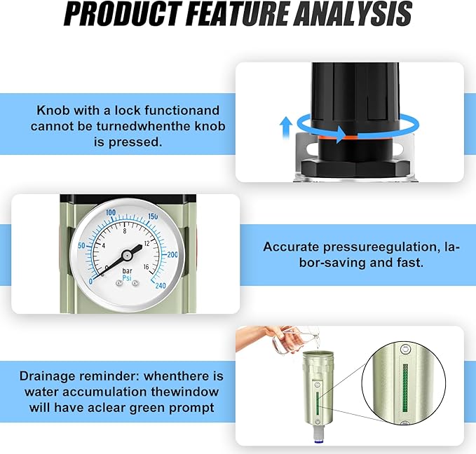 3/4" NPT Heavy Duty Industrial Grade Air Compressor Moisture Filter, Auto Drain, Particulate Filter and Air Regulator For Plasma Cutter and Paint Spray