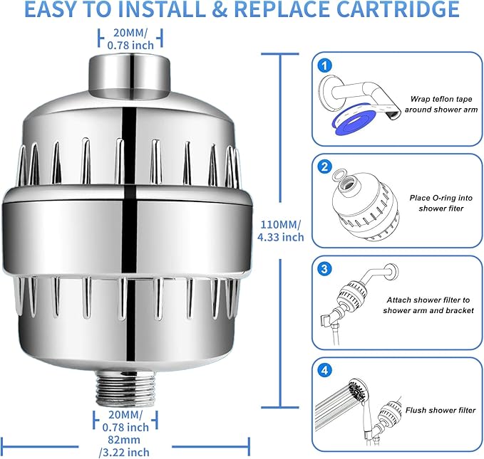 20 Stage Shower Head Filter-with 2 Replacement Cartridges, for Hard Water, High Output Shower Water Filter for Removing Chlorine and fluoride