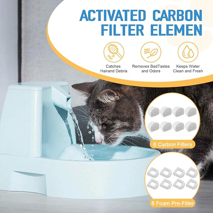 Pet Supplies Cat Fountain Water Filters - Fits Most Ceramic and Stainless Steel Pet Fountain Water Filters Bowl Replacement,8 Carbon Filters and 8 Foam Pre Filter