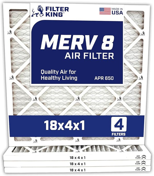 Filter King 18x4x1 Air Filter | 4-PACK | MERV 8 HVAC Pleated A/C Furnace Filters | MADE IN USA | Actual Size: 18 x 4 x .75"
