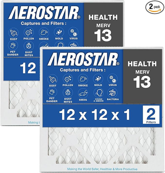 12x12x1 AC and Furnace Air Filter by Aerostar - MERV 13, Box of 2