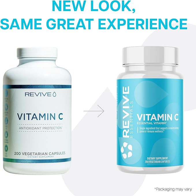 Revive MD Vitamin C Capsules, 1000mg - High-Potency VIT C Ascorbic Acid Dietary Supplement for Immune Support & Antioxidant Health - No Fillers & Non-GMO - 200 Vegetarian Capsules