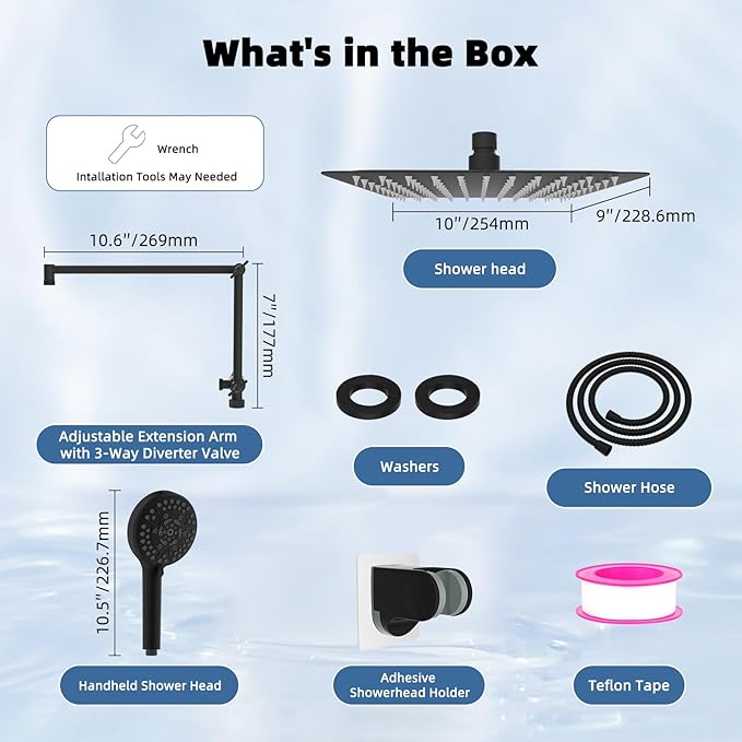 iFealClear Metal Rain Shower Head, 10” High Pressure Rainfall Shower Head with Handheld Spray Combo, 10-Spray Handheld Built-in Power Wash, 16" Shower Extension Arm, 3-Way Diverter, Matte Black