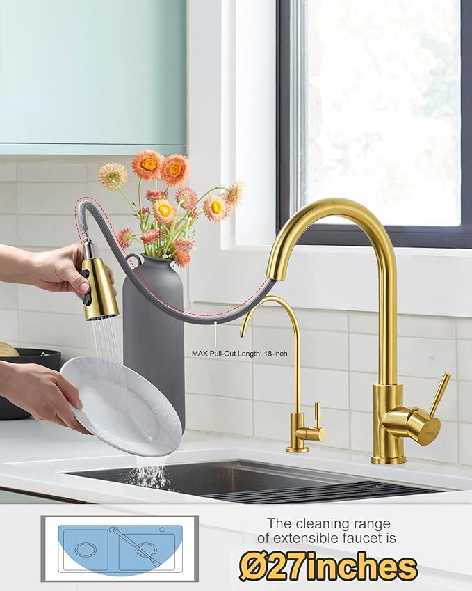 Kitchen Faucet and Water Filter Faucet Combo, WOWOW Stainless Steel Kitchen Sink Faucet with Drinking Water Faucet for Reverse Osmosis or Water Filtration System, Brushed Gold