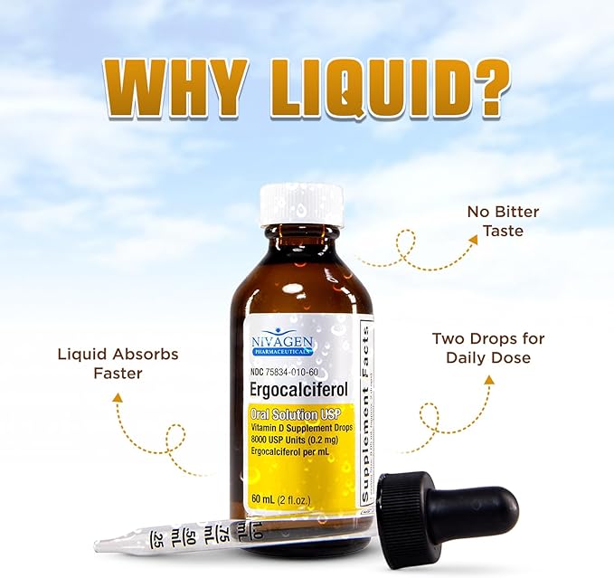 Vitamin D2 Liquid Drops 8,000 USP (Ergocalciferol) | 400 IU per Serving | 2 Drops Once Daily | 1,200 Servings, 60ml (2 fl. oz) | Faster Absorption | Bone, Muscle & Immune Support | Made in USA