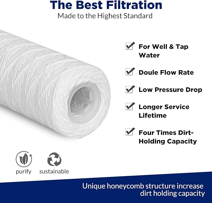 42 Pack of 20 Micron 10"x2.5" String Wound Whole House Water Filter Replacement Cartridge by Membrane Solutions, Universal Sediment Filters for Well Water, Compatible with WFPFC4002, CW-F, CW-MF, WP-5