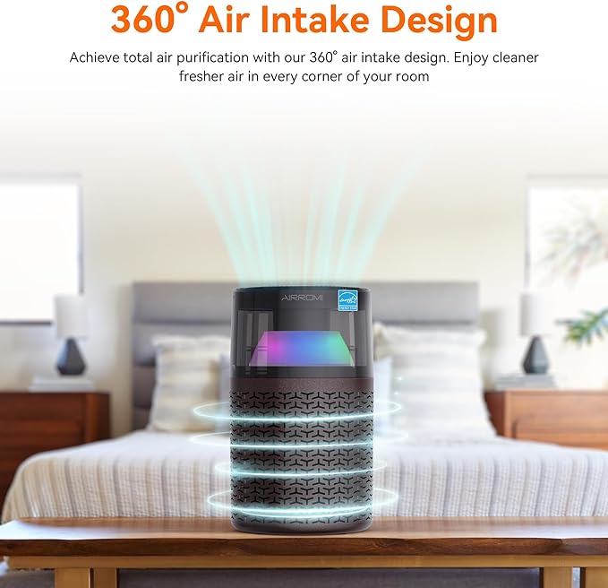 AIRROMI Air Purifiers for Bedroom Home,Up to 658 Ft²,Activated Carbon Filter Cleaner,With Fragrance Sponge for Better Sleep,Night Light,Pet Dander,Allergies,Smoke,Odor,Desktop Air Cleaner A2002 Brown