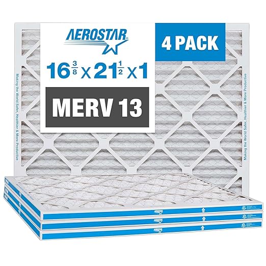 Aerostar 16.375 x 21.5 x 1 MERV 13 Air Filter, 4 Pack Set of HVAC Furnace Filters, Electrostatic MPR 1500-1900 & FPR 10 (Actual Size: 16 3/8 x 21 1/2 x 3/4 inches)