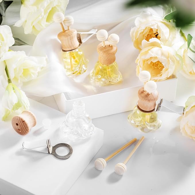 Zubebe 30 Pack Car Air Freshener Diffuser with Vent Clip Empty Car Diffuser Bottles for Essential Oil Perfume Glass Bottle with Wooden Caps Stick(Flower)