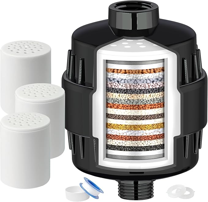 20 Stage Shower Head Filter for Hard Water with 3 Cartridges, High Output Shower Water Filter to Remove Chlorine, Fluoride and Other Impurities, Improves Skin Condition, Protects Hair