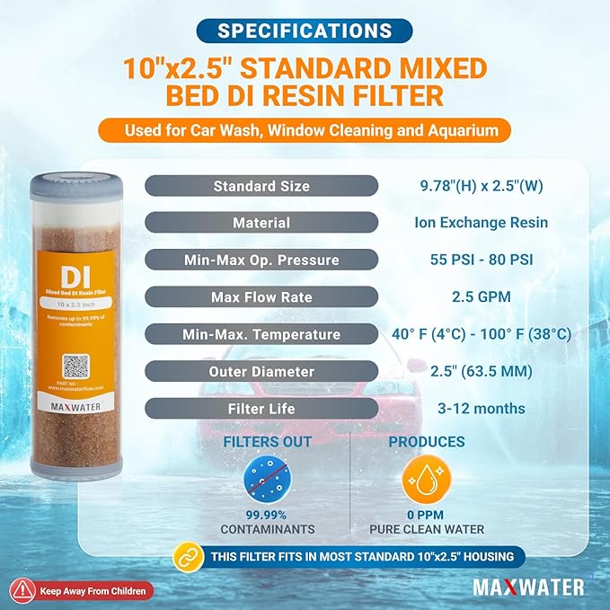 2-Pack Refillable Mixed Bed DI Resin Filter Cartridge Fits wide style 3.15" openings standard 10" size WH Filter Housings and Systems, Car Wash, Window Cleaning, Aquarium