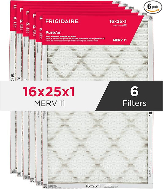 Frigidaire PureAir® 16x25x1 MERV 11 Prem Allergen Electrostatic Pleated Air Conditioner HVAC AC Furnace Filters - 6 Pack (exact dimensions 15.81 X 24.81 X 0.81)