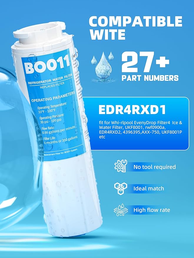 Upgraded BOGDA EDR4RXD1 RWF0900A Water Filter UKF8001, Fit for Evenydrop Filter 4 and Whirl-Pool Water Filter 4, Replacement RFC0900A, AXX-200/750, UKF8001P, 469006, WD-F07, 3 packs