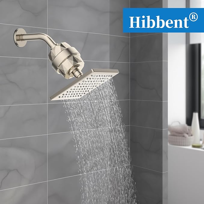 Hibbent Metal Filtered Shower Head, 6'' High Pressure RainShower Head, 20 Stage Shower Filter for Hard Water Softener, Bathroom Rainfall Shower Head to Remove Chlorine and Heavy Metal, Brushed Nickel