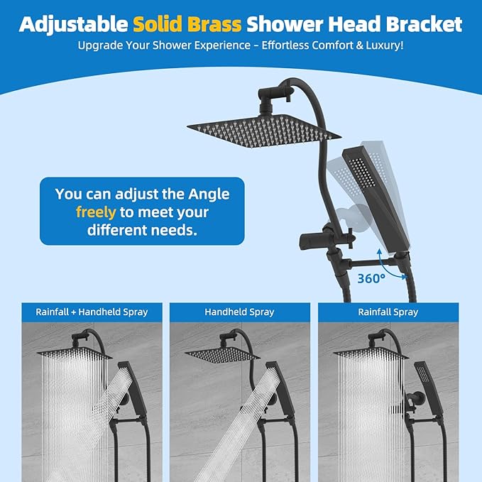 Hibbent All Metal Shower Head, 10'' High Pressure Rainfall Shower Head, Showerhead Combo, Handheld Shower Wand, 12'' Adjustable Curved Shower Extension Arm, 71'' Hose, Shower Head Holder, Matte Black