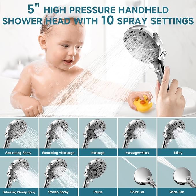 Filtered Shower Head With Handheld Combo,Detachable Dual Showerhead with Magnetic Docking,High Pressure 10" Stainless Steel Rain & 5" Handheld with Water Flow Control,69" Hose - Chrome