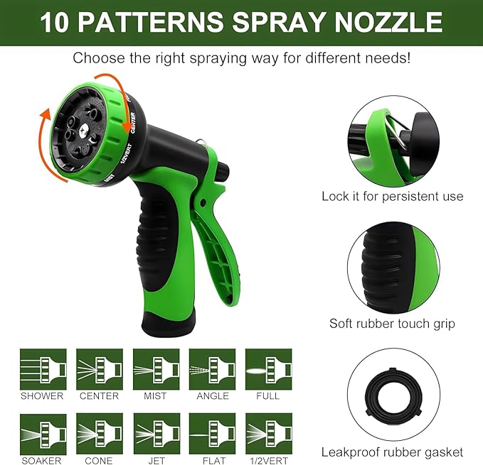 100FT Expandable Garden Hose - with 10-Function Spray Nozzle - Lightweight, Flexible, 3/4" Solid Brass Fittings-Green