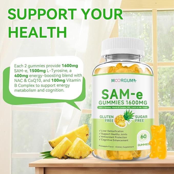 SAM-e L-Tyrosine Gummies with NAC, CoQ10 & Vitamin B Complex, 1600mg SAM e, 1500mg L Tyrosine Supplement for Energy, Cellular Antiox Protection, Neurotransmitter Support, Enhance Emotional Well-being