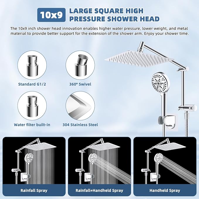 iFealClear Metal Rain Shower Head, 10” High Pressure Rainfall Shower Head with Handheld Spray Combo, 10-Spray Handheld Built-in Power Wash, 16" Shower Extension Arm, 71" Hose, 3-Way Diverter, Chrome