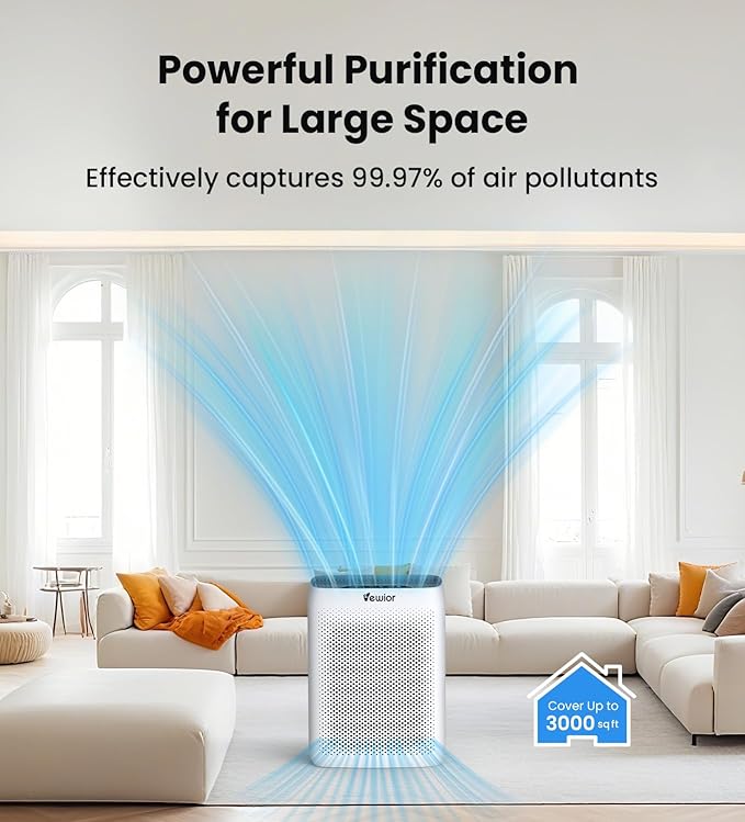 VEWIOR Air Purifiers for Home Large Room Up to 3000Sq.ft, H13 HEPA Filter Air Purifier for Bedroom with PM2.5 Display Air Quality Sensor, Sleep Mode, Timer, Air Cleaner for Smoker
