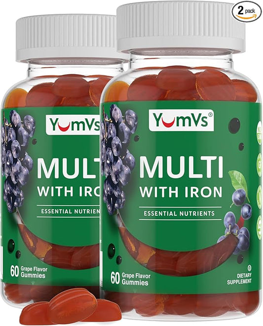 YUM-V'S Iron Gummies - Multivitamin Iron Supplement with Vitamin C, A, B & Zinc, Supports Blood Oxygen, Vegan Supplements for Women, Men & Kids for Growth and Development - Grape Flavor | 2-Pack