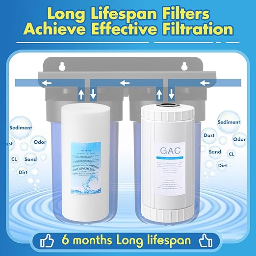 VIHOSE 2-Stage Whole House Water Filter System with 10" x 4.5" Carbon Filter and Sediment Filter, 5-Stage Filtration, 1" Inlet/Outlet, High Lead, Chlorine, Odor and RV Well Water Softener